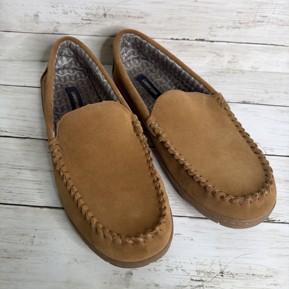 Land's End Mens Printed Flannel Lined Moccasin Slippers Tan Size 11 D